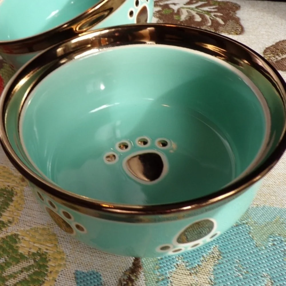 NEW Cute! (1) Ceramic Blue & Bronze Color Trim Dog/Cat Pet Food Water Dish Bowl